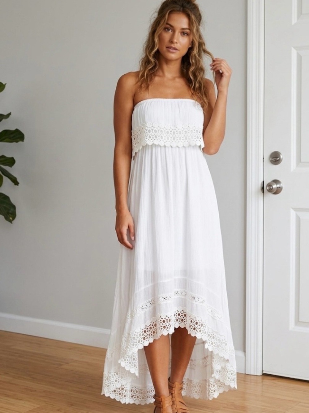 Solitaire White Strapless Maxi Dress with Lace Trim